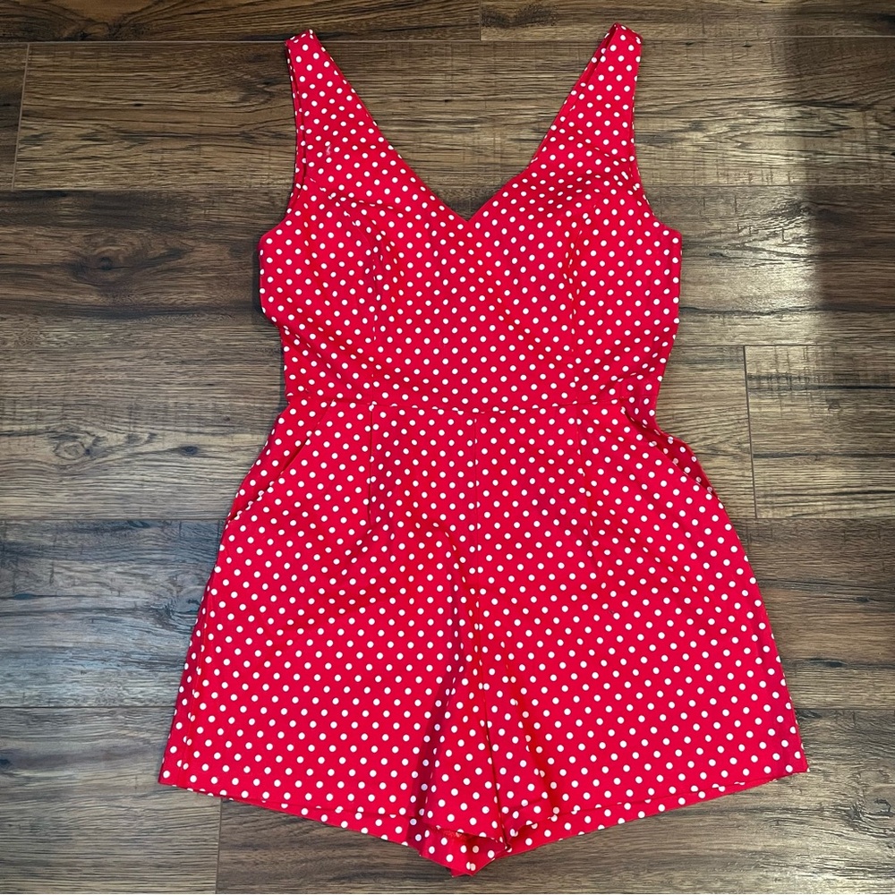 Retro Red Polka Dot Sleeveless Romper Women Small Pin Up Cotton V Neck Summer